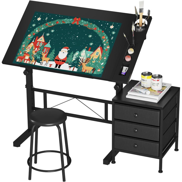 Adjustable Drafting Table with Tilt & Height - Drawing & Computer Desk with Stool & Storage - Wood Finish (Black + Storage Cabinet)