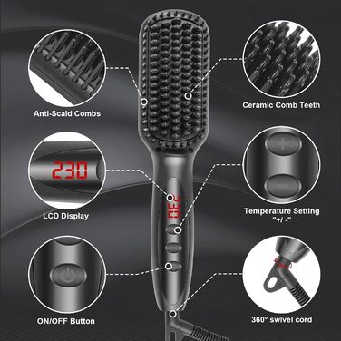 Електрична гребінця-випрямляч для бороди та волосся Aischens 2-в-1 з LCD-дисплеєм (120-230°C)