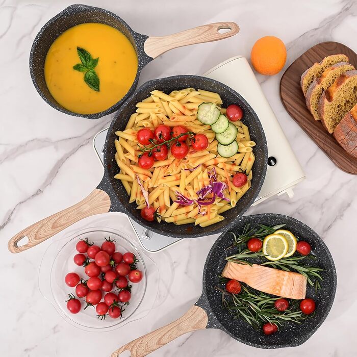 Набір сковорідок JEETEE 6-ти частинний з кришкою, 20/24/28 см, індукційні, з антипригарним покриттям, для всіх плит, PFOA-free (сірий)