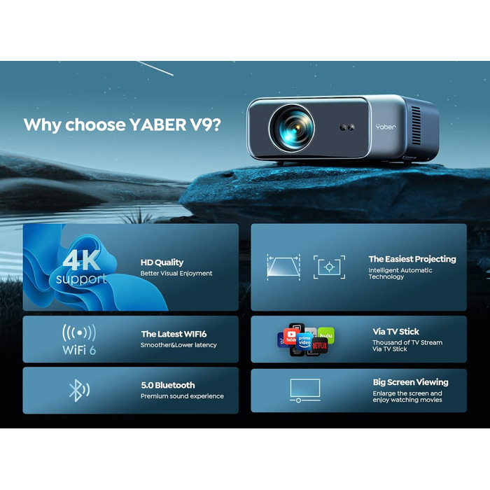YABER Проектор для дому, 1080P Full HD, підтримка 4K, автофокус та корекція Keystone, WiFi 6 Bluetooth, портативний, для вулиці, діагональ екрану 300 дюймів, сумісний зі смартфоном/Fire TV Stick/PS5 (висока яскравість)