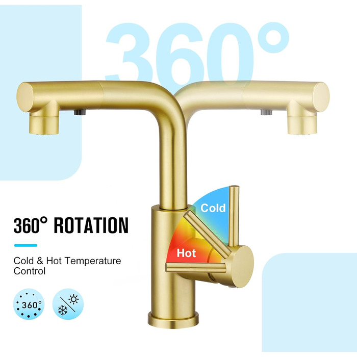 Кран кухонний CREA з 3 функціями: душ, висувний вилив, поворот 360°, матове золото (щітковане)