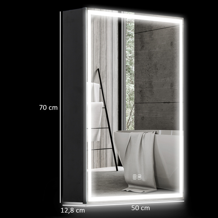 Дзеркальна шафа HOMCOM з LED-підсвіткою, 50 x 70 см, з регульованою яскравістю, проти запотівання, чорного кольору