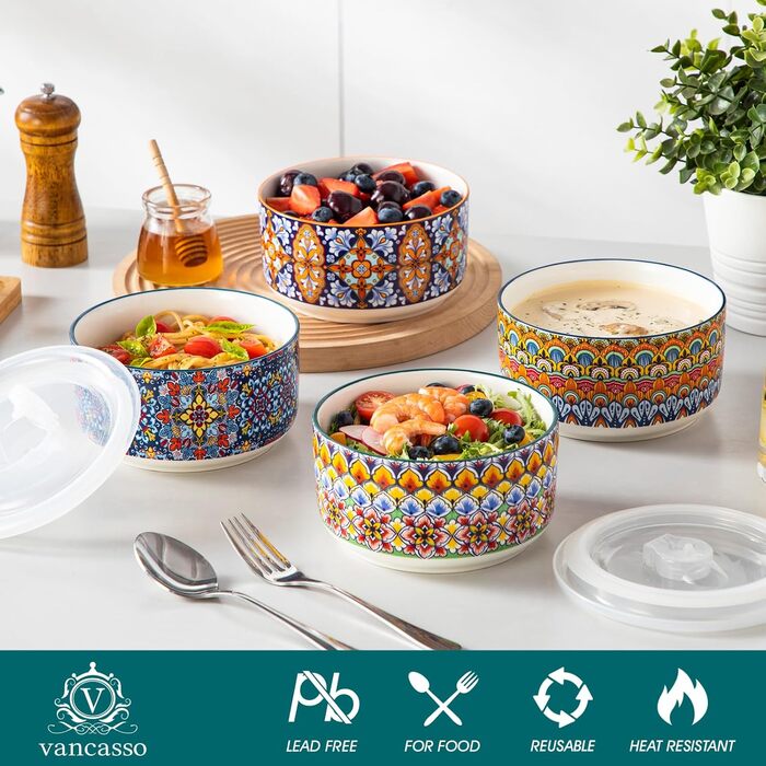 Набір супових та салатних тарілок Vancasso (4 шт.) з кришкою, кераміка, 1080 мл
