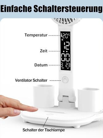 LED-лампа настільна з вентилятором для дітей WLHONG з годинником, тримачем для ручок, календарем та датчиком температури, 3 режими кольору, регульована яскравість, ідеальна для читання
