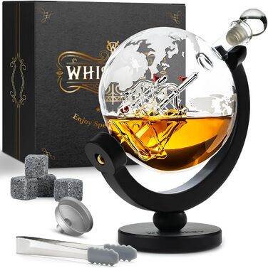 Whisky Carafe Set - Whiskey Gift Set - Gifts for Men - Men's Gifts Gift - Birthday Gift for Men - Globe Decanter 900ML, Gift Box, 4 Whiskey Stones