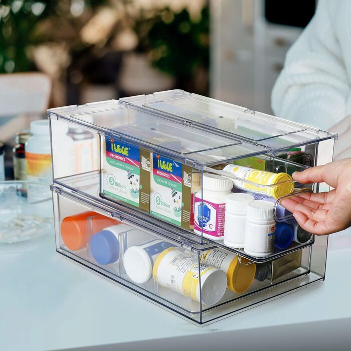Refrigerator Organizer Drawer Set with Handle, 3-Piece Stackable Kitchen Storage Boxes with Pull-Out Drawer & Lid for Vegetables, Berries, Meat | PET Plastic Food Storage Containers