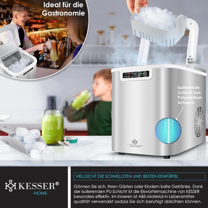Машина для приготування льоду KESSER® з нержавіючої сталі, 12 кг/24 год, 2,2 л резервуар, LED-дисплей, самоочищення