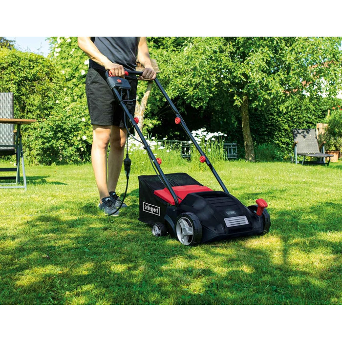 Scheppach Electric Scarifier SC32 | 1500W Power | Working Width 32cm | 30 L Collection Basket | 4-Position Height Adjustment/up to 4mm | Scarifying Roller (16 Blades) and Aeration Roller (36 Tines)