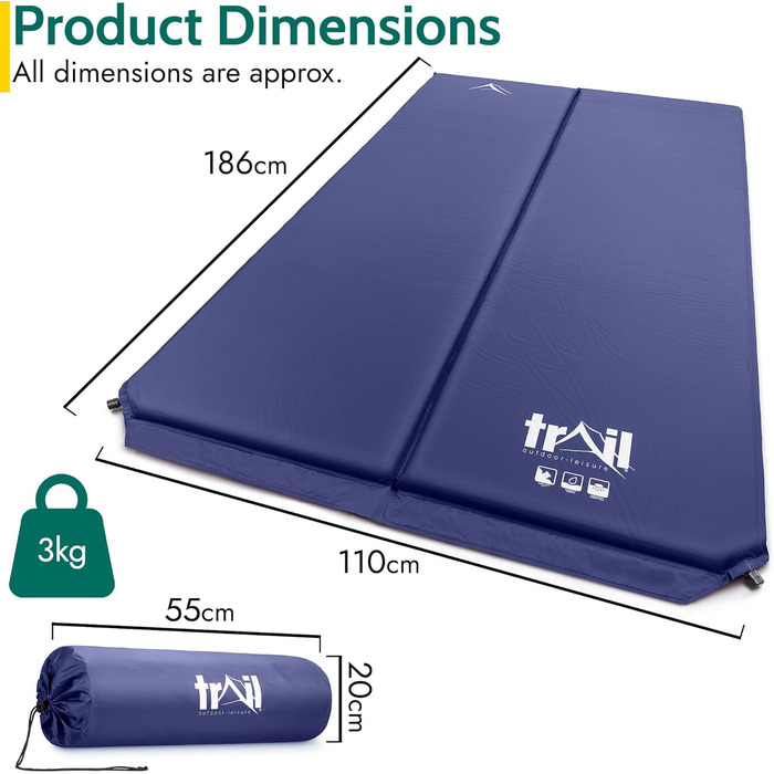 Надувна ізольована килимок/матрац для кемпінгу на двох осіб, 5 см, блакитний