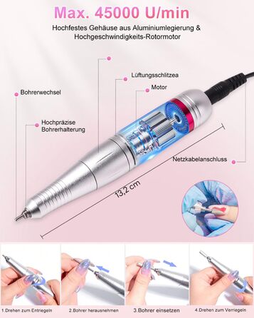 Електрична машинка для манікюру та педикюру CozyZen Professional: набір для догляду за нігтями з LCD-дисплеєм, керуванням рукою та ногою, тиха робота (рожевий)