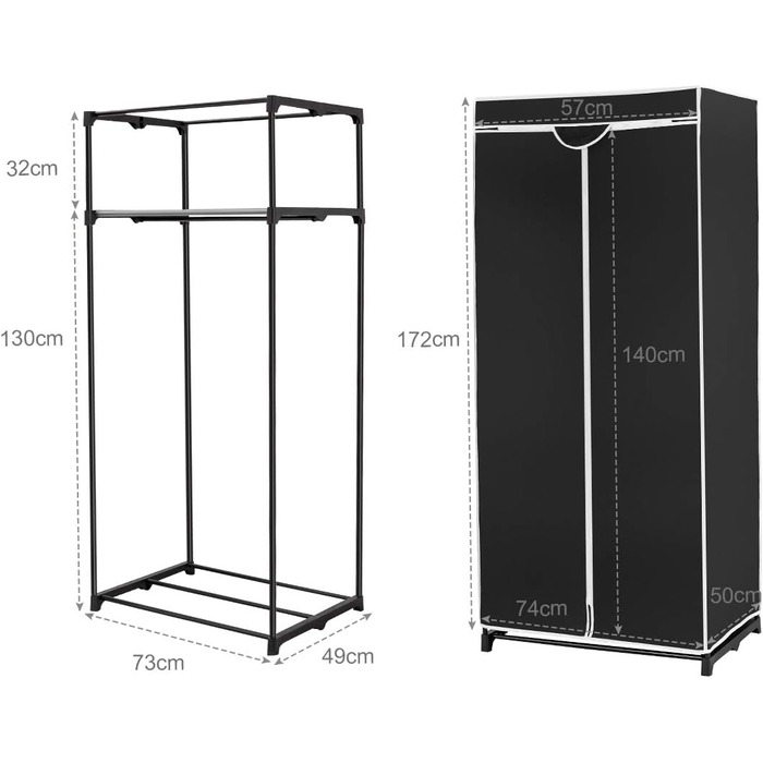 GIANTEX Wardrobe Clothes Closet with Clothes Rod & Shelf, Folding Closet 74 x 50 x 172 cm, Clothes Rack Metal Frame with Dust Cover, for Bedroom Dressing Room (Black)