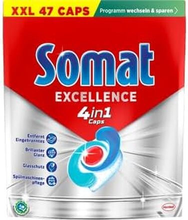 Капсули для посудомийних машин Somat Excellence 4in1, швидкорозчинні та без запаху, для ідеальної чистоти та блиску в Eco-режимі, 176 шт (47 шт x 4 пак)