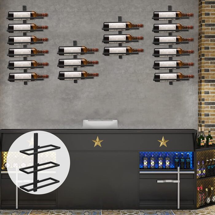 Wine Rack Bottle Rack for 6 Bottles, Metal Wine Rack Hanging Wall Mount Wine Bottle Shelves, Wall Shelf Wine Storage Shelf for Kitchen Dining Room Bar (Level 12)