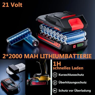 Акумуляторний шуруповерт 21V з акумулятором 4000mAh, 45Nm, 25+3 положення, 2 швидкості, LED, 2 акумулятори 2.0Ah, зарядний пристрій, для дому та саду, DIY проєкти (жовтий)