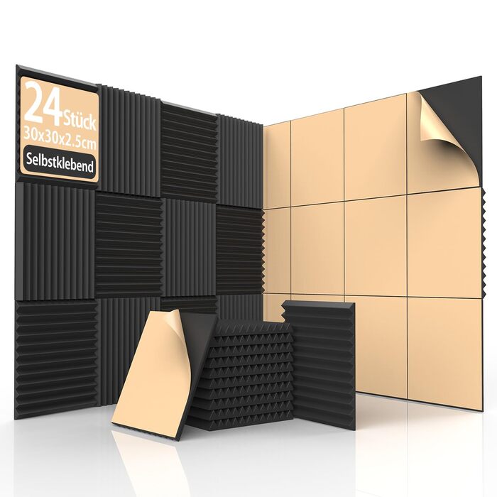 Акустичний поролон для звукоізоляції самоклеючий, пірамідні панелі 30x30x2.5 см, набір 24 шт. для студії, офісу та стелі