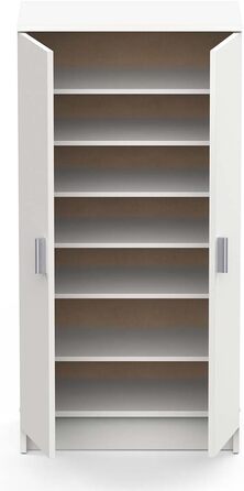Multifunctional wardrobe with two doors, six shelves, white color, dimensions 55 x 108 x 36 cm