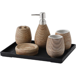 Набір аксесуарів для ванної кімнати Tauzveok з кераміки, 6 предметів: дозатор мила, тримач для зубних щіток, мильниця, стаканчик та підставка. Колір: коричневий.