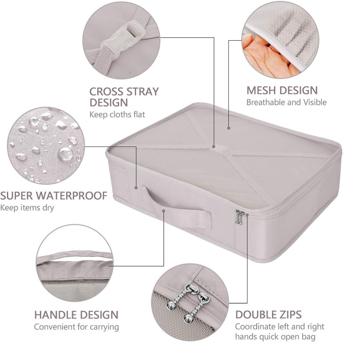 Органайзери для валіз: 8 комплектів, 7 кольорів. Організатори для подорожей, мішки для взуття, компресійні мішки. Сірий колір.
