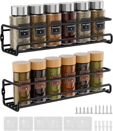 Настінна полиця для спецій, 2 шт. Організатор для спецій без свердління, металевий тримач для спецій з кріпленням на липучках та гвинтами, для кухонної шафи та комори