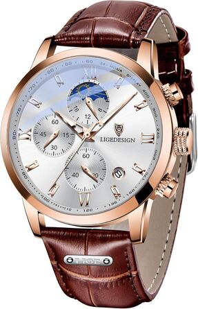 Годинник чоловічий LIGE Retro з шкіряним ремінцем, 3ATM водостійкий, аналоговий, з функцією свічення, фази місяця, з датою, коричнево-білий, хронограф