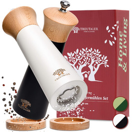 Plastic-Free Salt and Pepper Grinder with Coaster | Spice Grinder Set made of Solid Wood with Stepless Stainless Steel Mechanism and Ceramic Grinder | White & Black