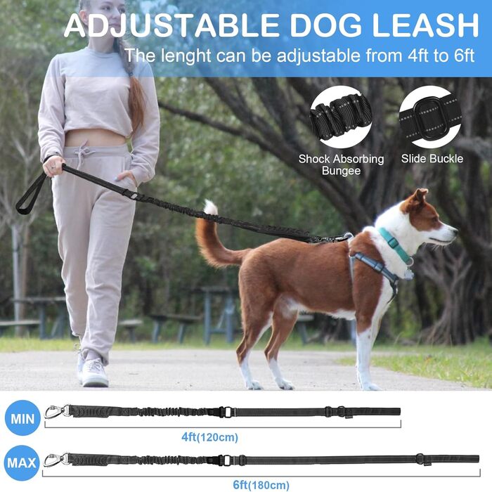 Міцна тактична повідок для собак Chioratree для середніх та великих собак, амортизуюча повідок-банджі з 2 м'якими ручками, страхувальний ремінь для авто, світловідбиваюча повідок для собак, Рожевий (1.2м-1.8м, Чорний)