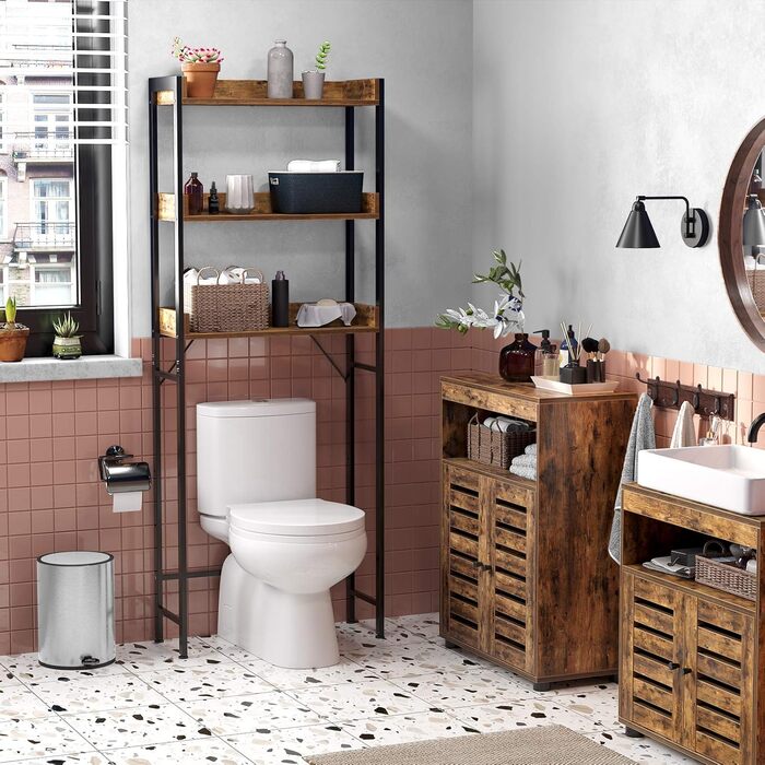 VASAGLE Toilet Shelf, 3 Tiers, Bathroom Shelf, Space-Saving, Easy to Assemble, for Laundry Room, Industrial Style, Rustic Brown and Black, BTS002B01