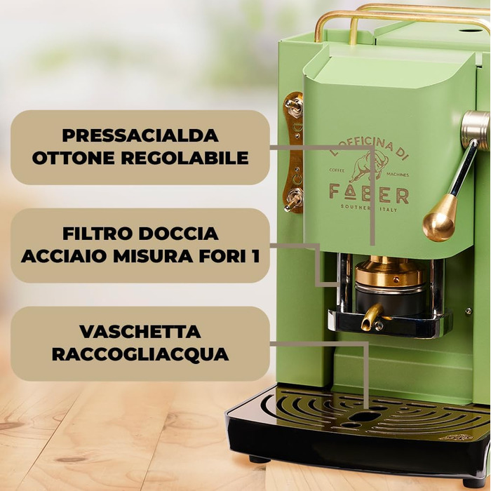 Faber Coffee Machines | Pro Deluxe Model | ESE 44 mm Coffee Pod Machine | Brass-Coated Finish | Adjustable Brass Pad Press | Standard Electrical Valve (Acid Green)
