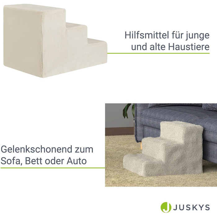 Juskys Pet Staircase Dog Staircase 36 cm - 3-Step Staircase with Washable Plush Cover - Cat Staircase Dog Ramp for Bed, Sofa, Couch, and Car - Cover (Beige)