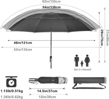 Чорний парасолька G4Free 62 дюймів (157 см) - великий, складний, вітростійкий, автоматичний, з подвійним куполом, 10 ребер
