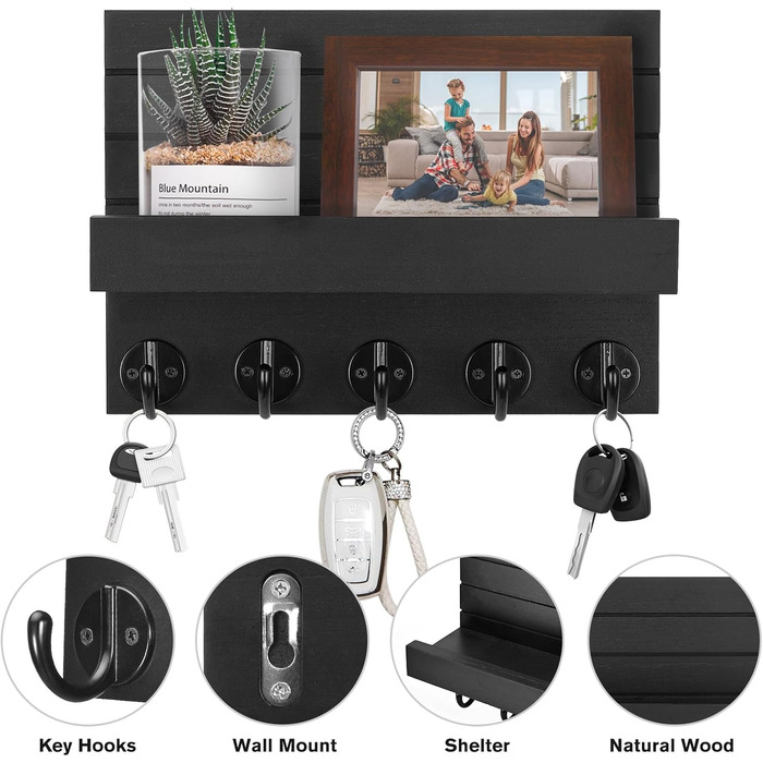 Дерев'яне ключниця на стіну з полицею, чорний колір, 5 гачків, для прихожої, спальні, вітальні
