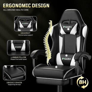 Ігрове крісло Bigzzia Ergonomic Gaming Stuhl з підніжкою та функцією масажу, біле