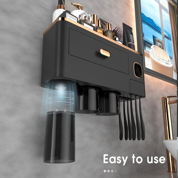 IHave Wall-Mounted Toothbrush Holder, Bathroom Toothbrush Holder with Toothpaste Dispenser, 3 Cup Toothbrush Holder with Drawer, Large Capacity Toothbrush Organizer Bathroom Black Gold