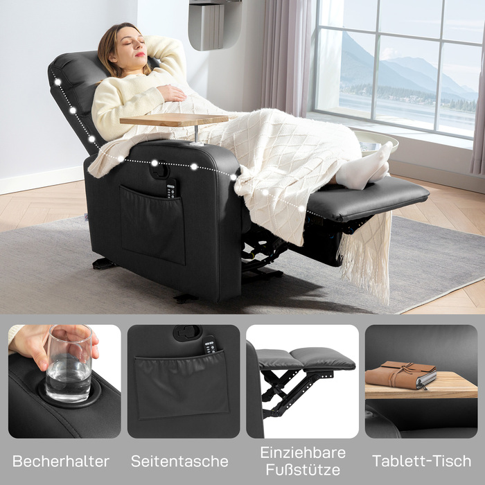 HOMCOM Recliner with Massage Function, TV Recliner with Lie-Flat Feature, Swivel Table, Massage Chair, Recliner with Remote Control, Spring, Side Pocket and Cup Holder, Microfiber, Black | Aosom