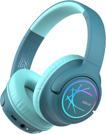 iClever Bluetooth навушники для дітей з LED-підсвіткою, обмеження гучності 74/85dBA, 43 години роботи, стерео звук, Type-C, AUX-кабель, Bluetooth 5.3, для планшетів/подорожей (Турквіс)