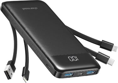 Power Bank Charmast 10000mAh з 6 виходами, USB-C, LED-дисплеєм, 4 кабелями, чорний