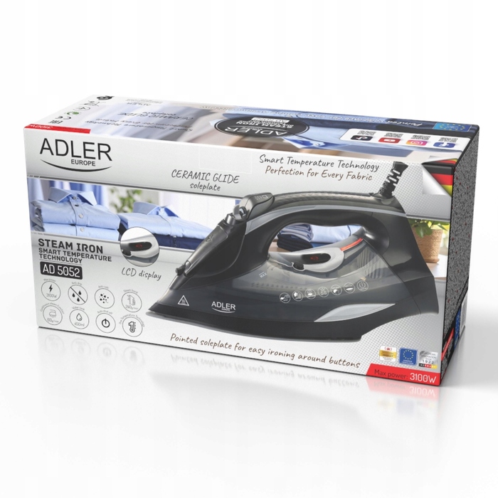 Парова праска Adler AD5052 з керамічною підошвою, вертикальним прасуванням та LCD-дисплеєм, 3100 Вт