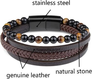 Чоловічий браслет з натуральної шкіри, плетіння ручної роботи. Браслет для чоловіків зі сталевою застібкою, шкіряний браслет з телячої шкіри, широкий браслет з магнітною застібкою, браслет з тигровим оком (21 см)