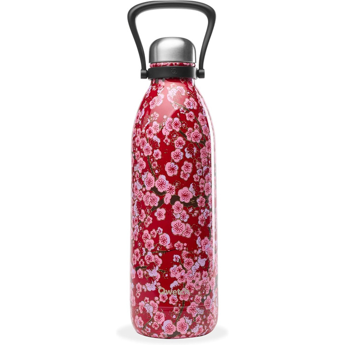QWETCH 1.5L Stainless Steel & Titanium Thermos Flask - 48H Cold & 16H Hot - Leakproof & BPA-Free Insulated Water Bottle with Handle - Perfect for Camping, Picnics & Family Use (1500ml, Red Flowers)