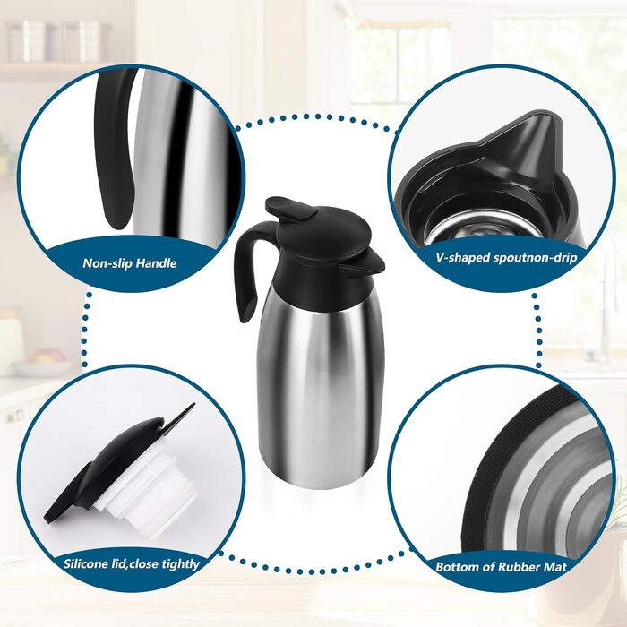 2 Liter Thermos Flask, 304 Stainless Steel Insulated Flask, Coffee Pot Thermo Double-Walled Vacuum, Tea Pot 24 Hour Heat Retention, Thermos Flask for Coffee, Tea, Water, Drink, Keep Warm Flask