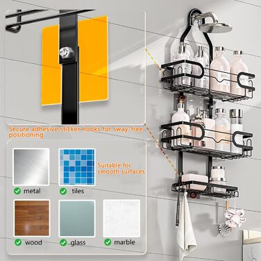 FOXWHALE Shower Shelf - Hanging Shower Rack with Razor Holder & Soap Holder and Multiple Hooks, Black, No Drilling Hanging Shower Basket for Bath Bombs, Towel, Bath Brush