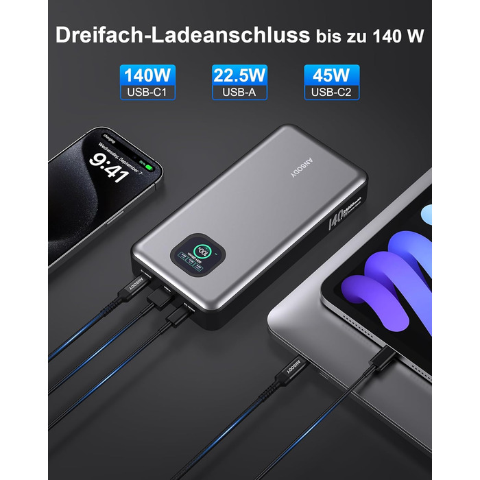 Powerbank 140W, 25000mAh з цифровим дисплеєм, PD3.1 для ноутбуків, MacBook, iPad, iPhone, Switch, Steam Deck (Срібний)