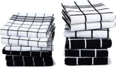Encasa Frottee Kitchen Towel Set – 70x45 cm – absorbent multipurpose cleaning cloth, reusable towel and dishcloth (12-pack – Black Combination)