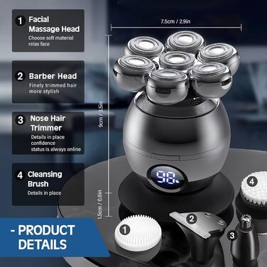 Електричний бритва для голови та бороди Glatzen 5-в-1 з 7 плаваючими головками, IPX6 водонепроникний, тример для носа та вух, LED-дисплей