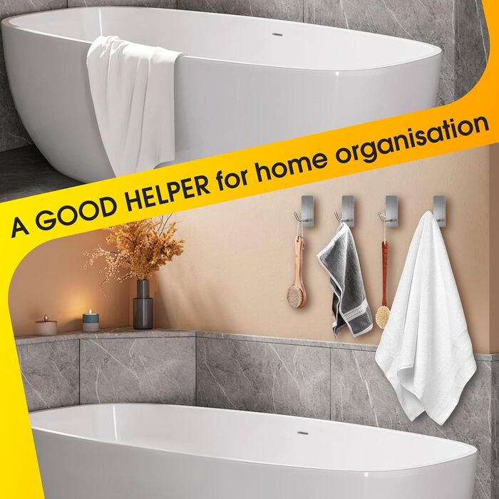Набір тримачів для рушників без свердління, 10 шт. Самоклеючі гачки з нержавіючої сталі 304, надміцні, для великих предметів, настінні гачки для ванної, туалету та кухні, стійкі до корозії, срібні