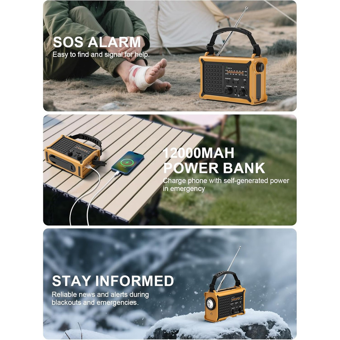 Радіостанція ROCAM на сонячній батареї та з ручним генератором, 12000mAh, AM/FM, LED ліхтарик, USB, SOS, IPX6, для кемпінгу та надзвичайних ситуацій (Жовтий)
