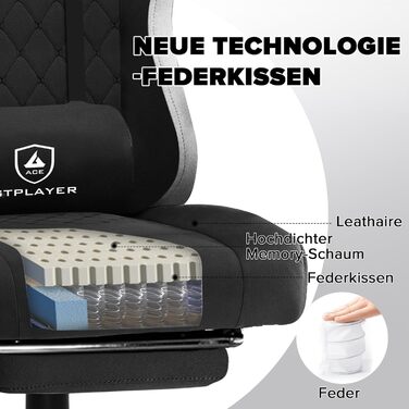 Ігровий крісло GTPLAYER з ергономічним дизайном, м'якою оббивкою з тканини, підголовником та підставкою для ніг, світло-чорного кольору