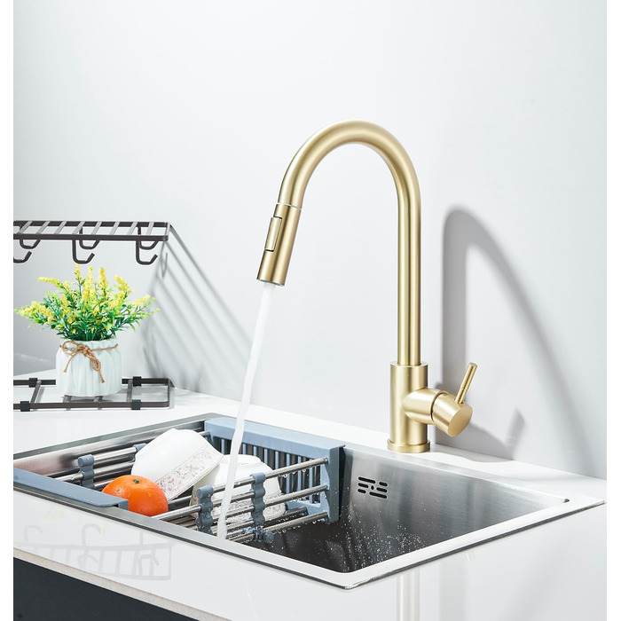 Кухонний змішувач з двома виливами, поворотний на 360°, з високим виливом та спіральною голкою, з нержавіючої сталі (золотий)