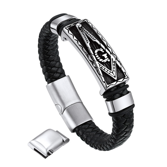 Браслет шкіряний чоловічий Bandmax Mjölnir/Череп/Масонство, з магнітною застібкою, сріблястий, 23 см