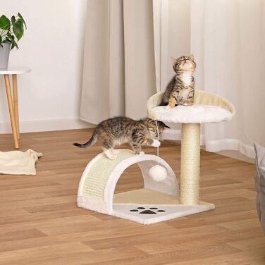 Kratzbaum, small with plush ball & scratching arch, height 43 cm, cozy lying area made of soft plush, stable with sisal rope for claw care, suitable for small & large cats, beige/white